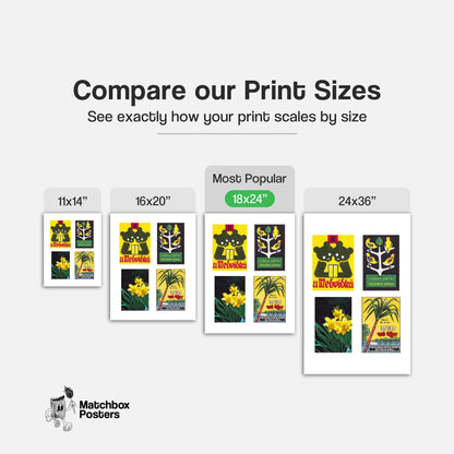 Yellow & Dark Greens Grid Print - vintage matchbox label print - office wall