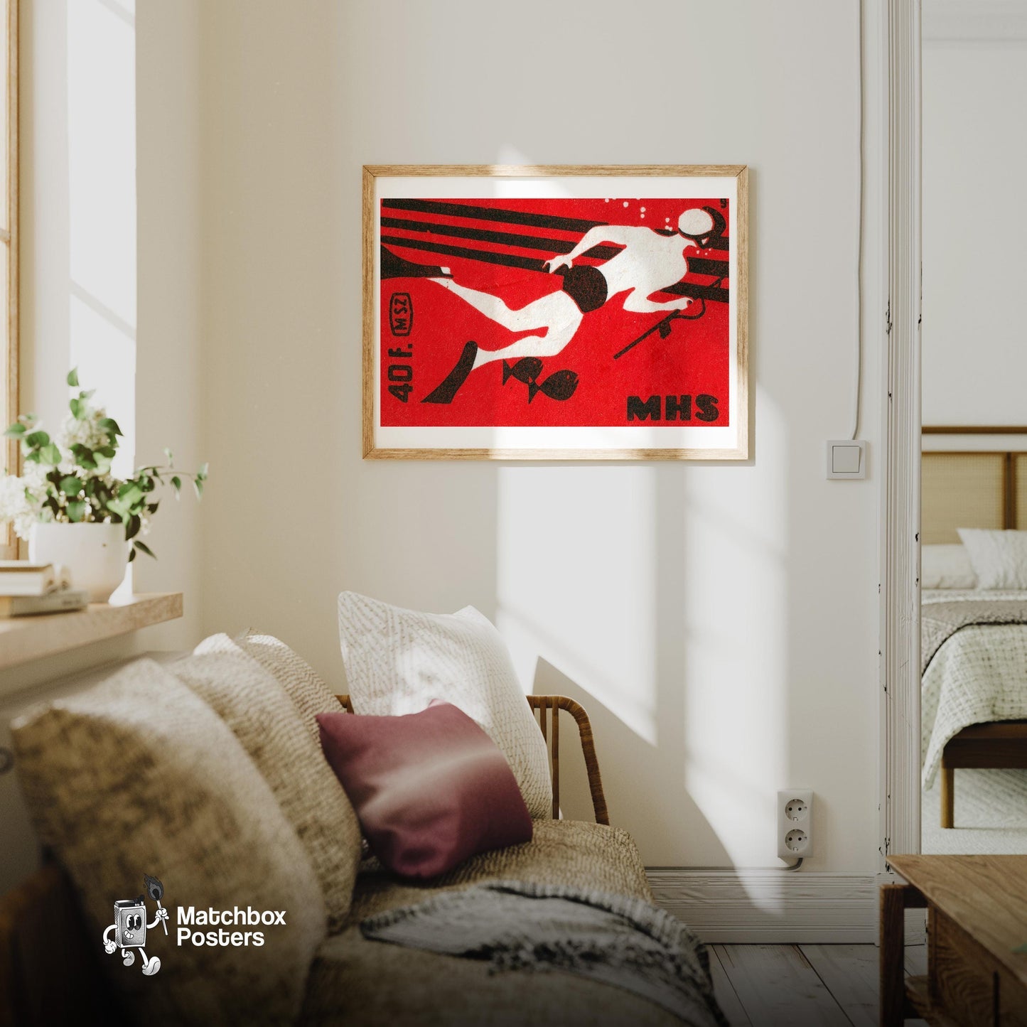 Spearfisher - vintage matchbox label print - living room mockup
