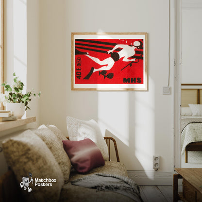 Spearfisher - vintage matchbox label print - living room mockup