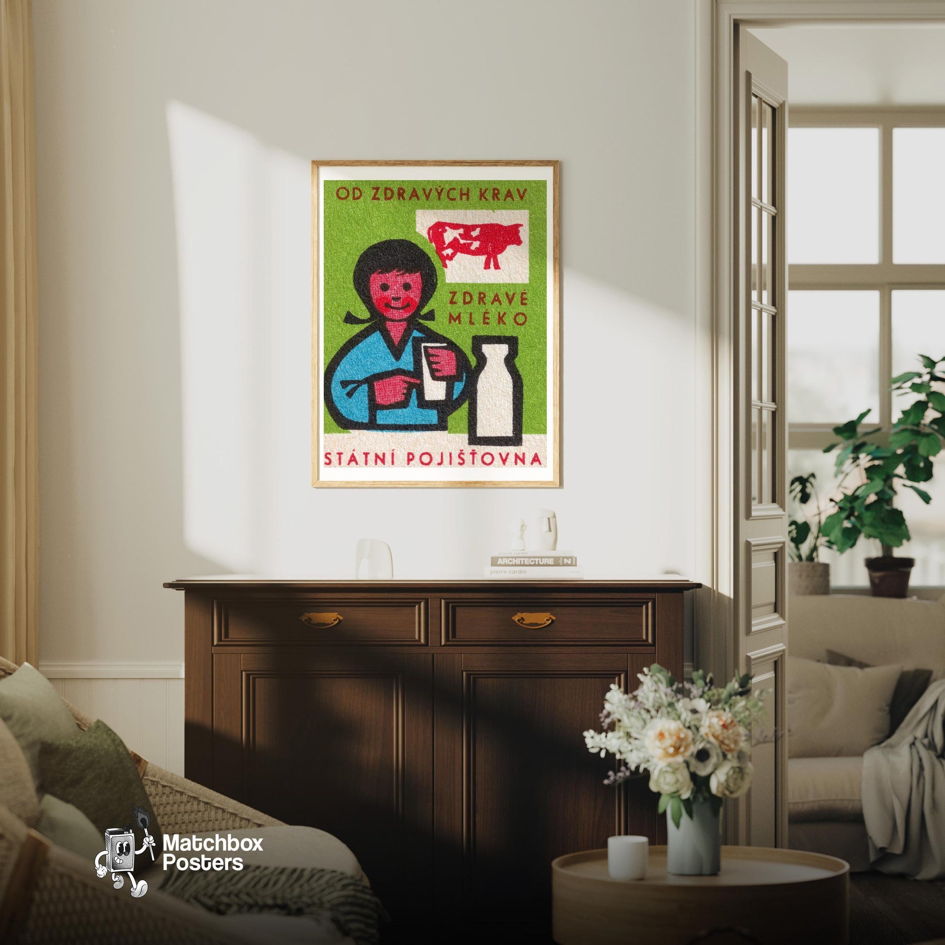Healthy Cows Makes Healthy Milk - vintage matchbox label print - living room mockup