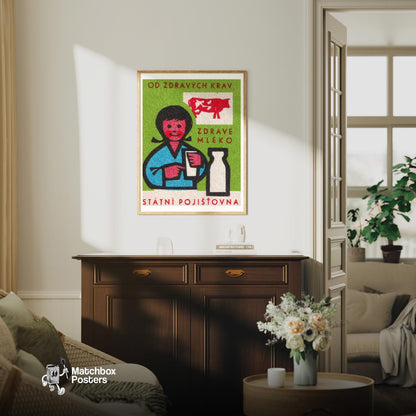 Healthy Cows Makes Healthy Milk - vintage matchbox label print - living room mockup