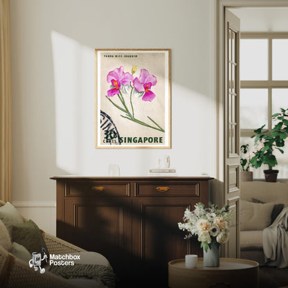 Vanda Miss Joaquim Orchid - vintage matchbox label print - living room mockup