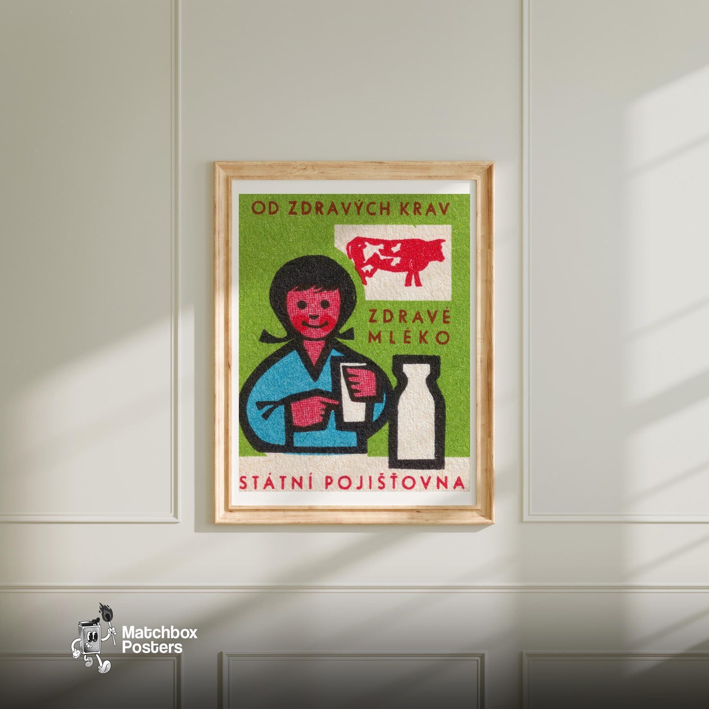 Healthy Cows Makes Healthy Milk - vintage matchbox label print - bedroom mockup