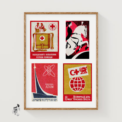 Red Russians Grid Print - vintage matchbox label print