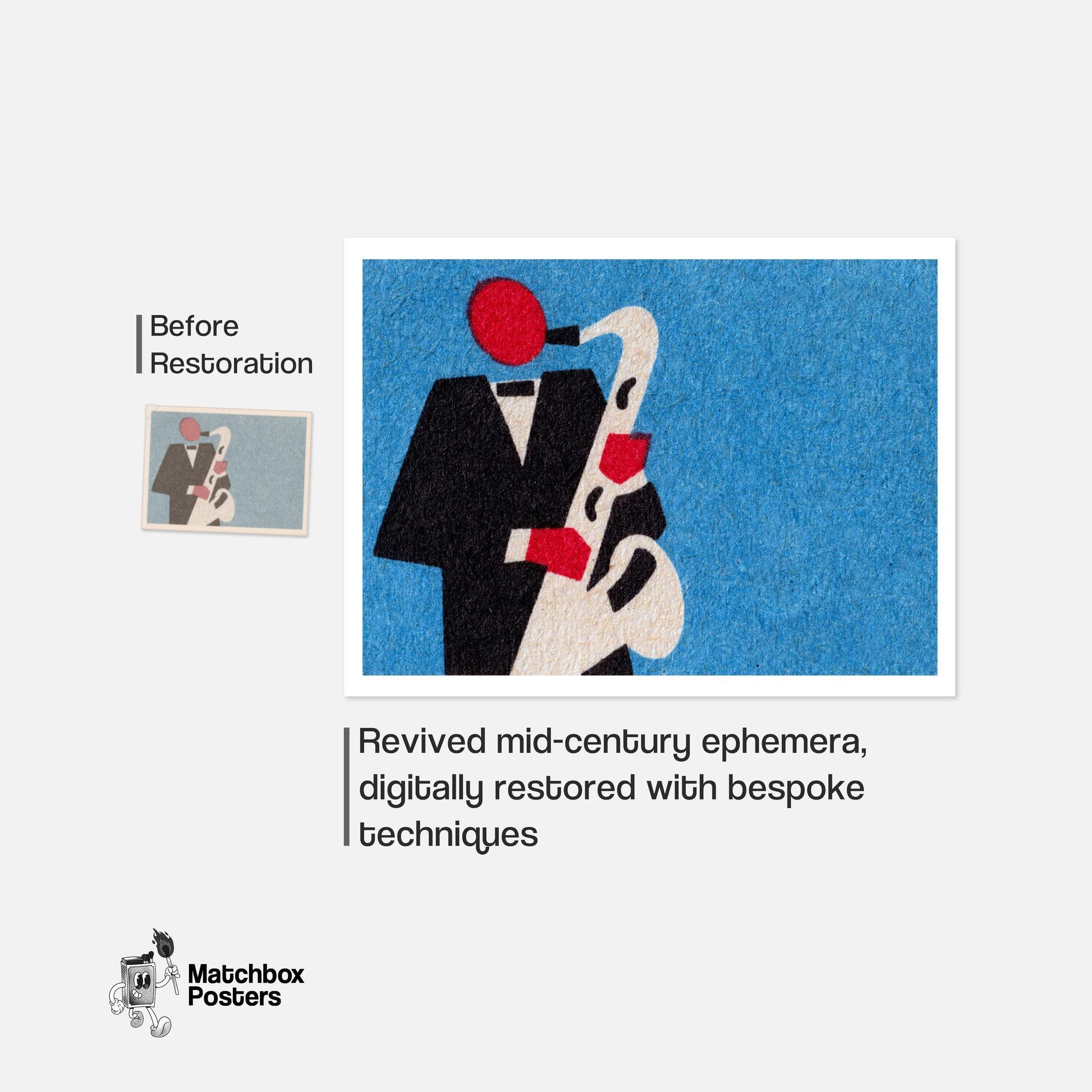 Saxophone Player - vintage matchbox label print - framed wall art preview