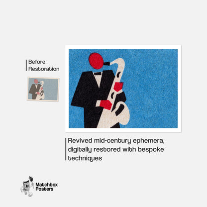 Saxophone Player - vintage matchbox label print - framed wall art preview