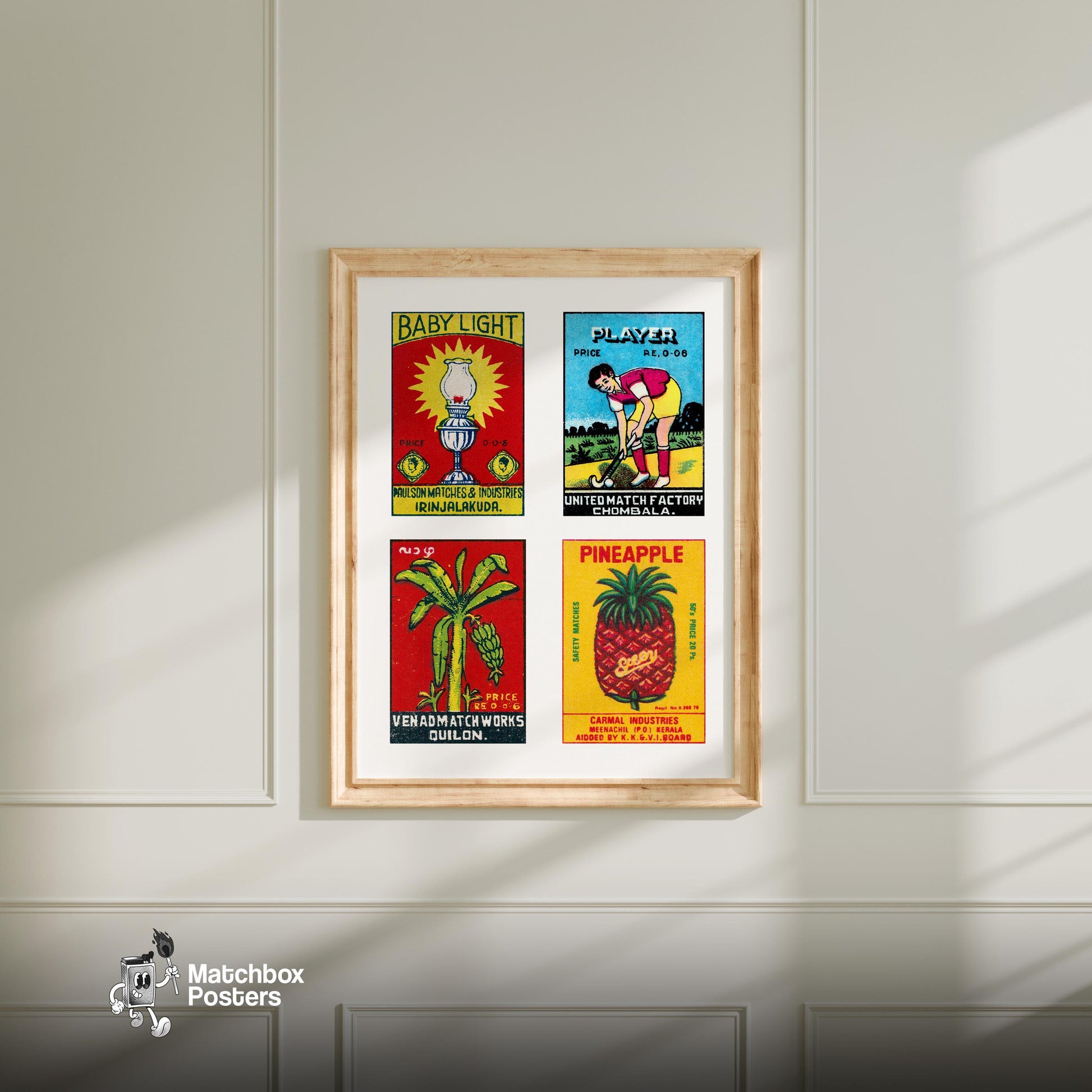 Malayalams Grid Print - vintage matchbox label print - living room mockup