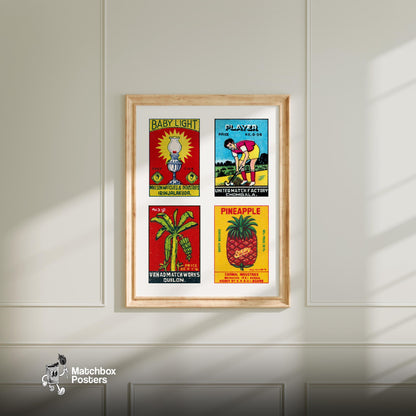 Malayalams Grid Print - vintage matchbox label print - living room mockup