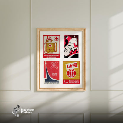 Red Russians Grid Print - vintage matchbox label print - living room mockup