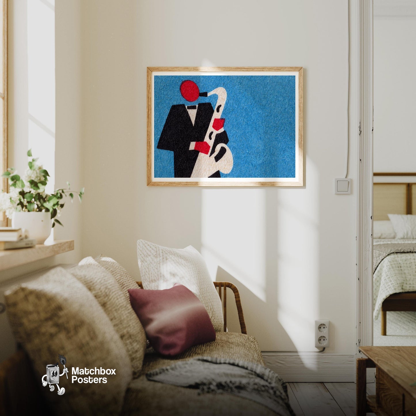 Saxophone Player - vintage matchbox label print - living room mockup