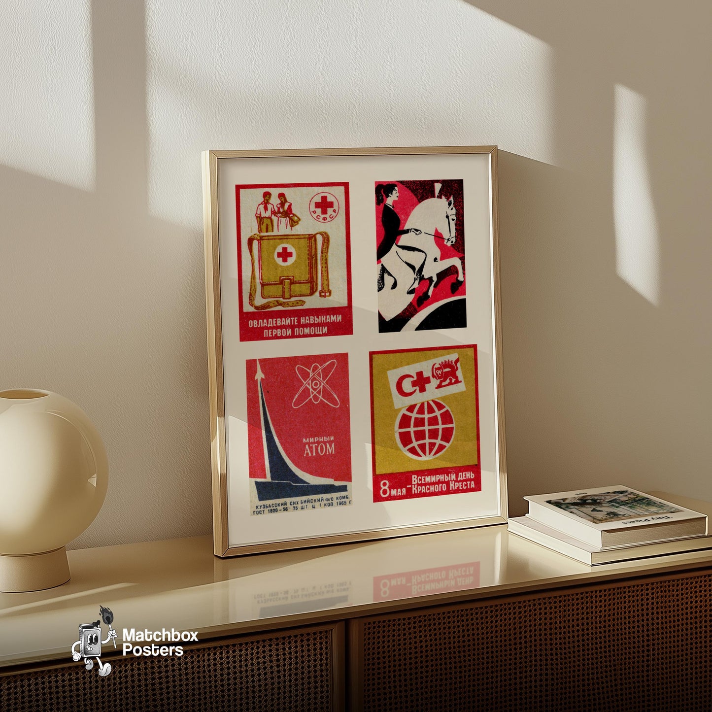 Red Russians Grid Print - vintage matchbox label print - bedroom mockup