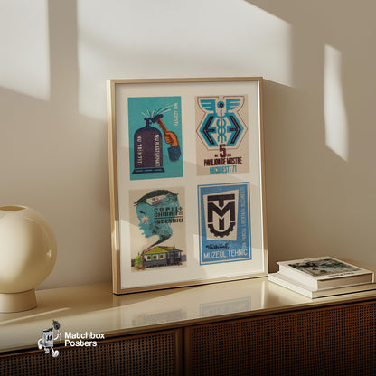 Blue Romanians Grid Print - vintage matchbox label print - bedroom mockup