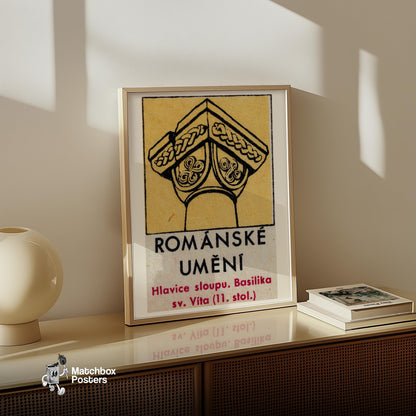 Romanesque Column - vintage matchbox label print - bedroom mockup