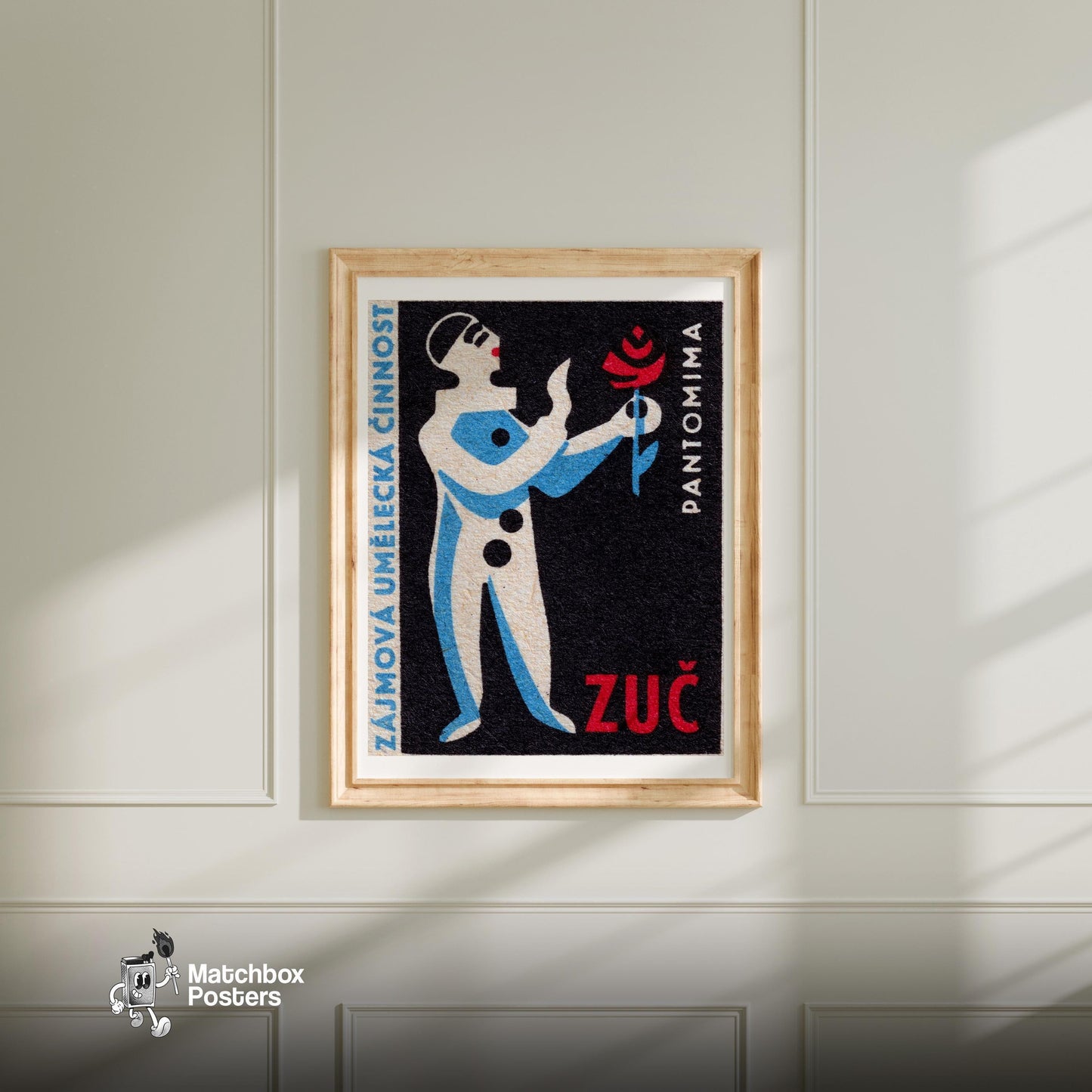 Pantomime Clown - vintage matchbox label print - bedroom mockup
