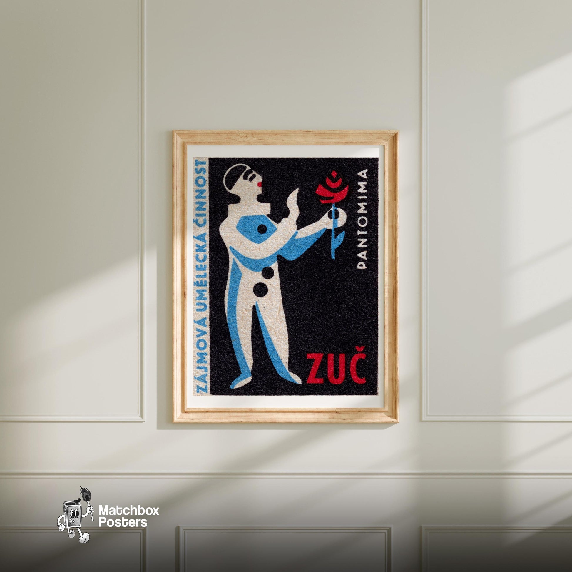 Pantomime Clown - vintage matchbox label print - bedroom mockup