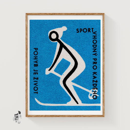 Skiing for Health - vintage matchbox label print