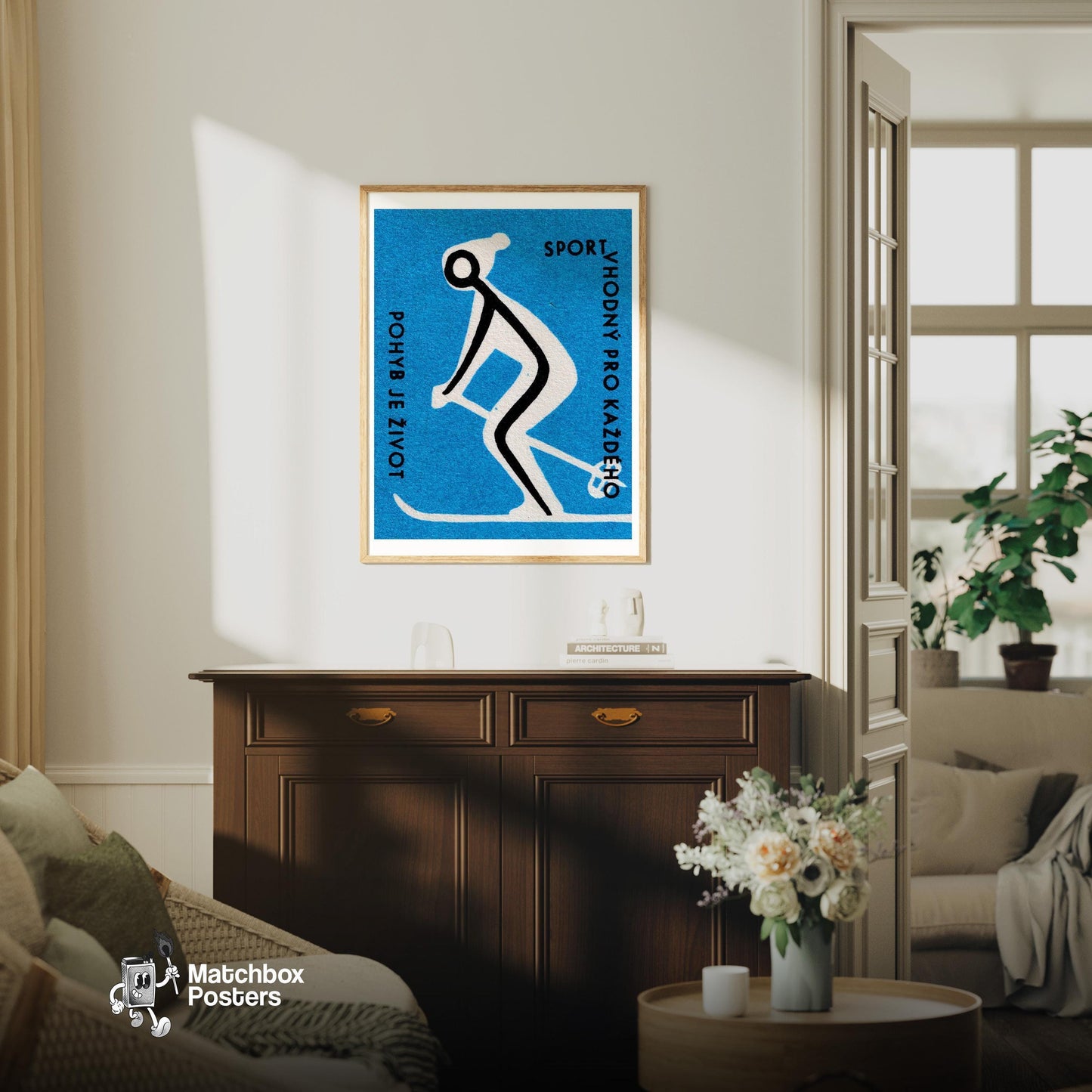 Skiing for Health - vintage matchbox label print - living room mockup