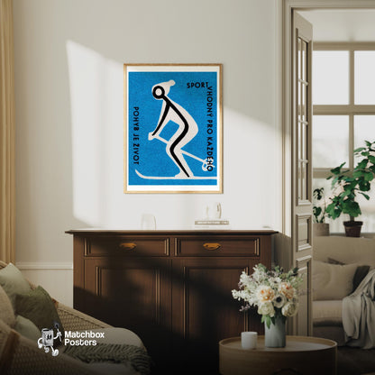 Skiing for Health - vintage matchbox label print - living room mockup