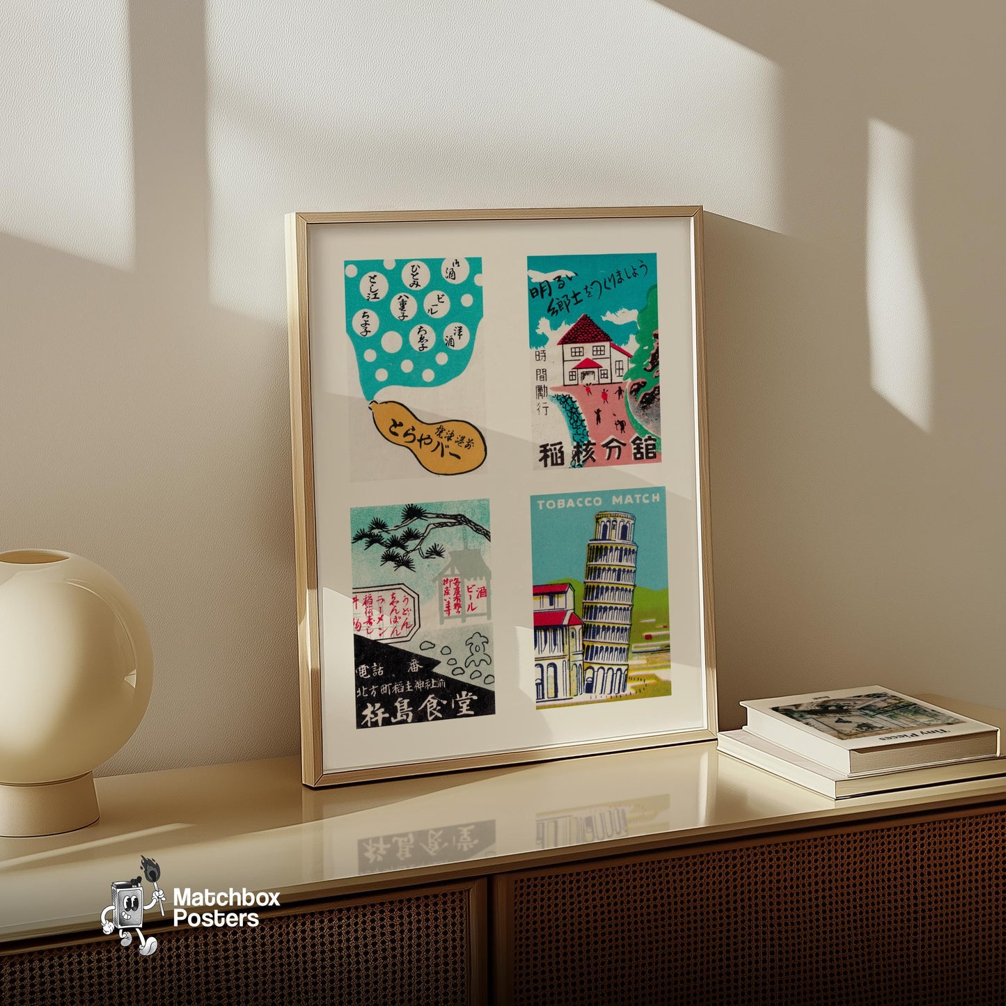 Turquoise Japaneses Grid Print - vintage matchbox label print - bedroom mockup