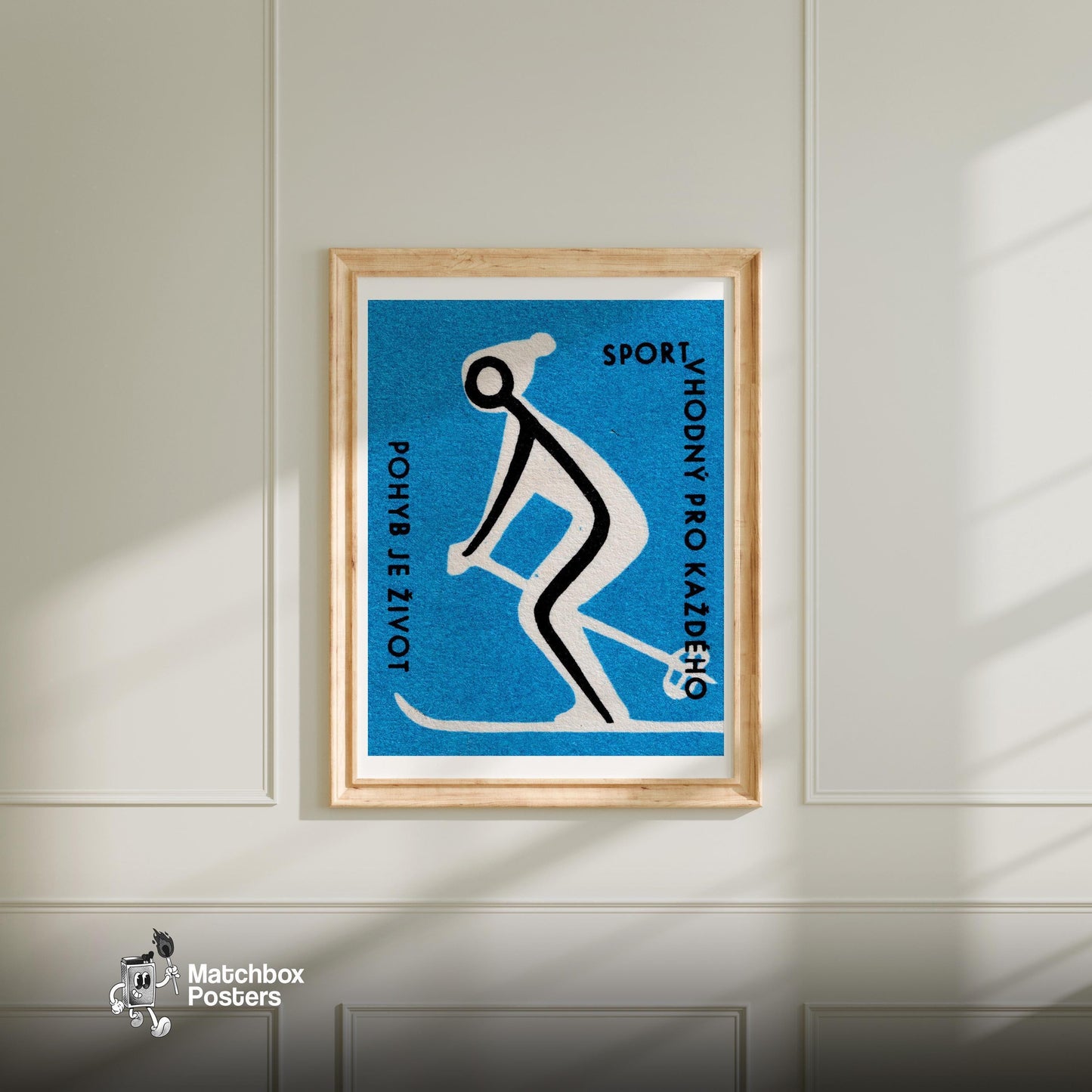Skiing for Health - vintage matchbox label print - bedroom mockup