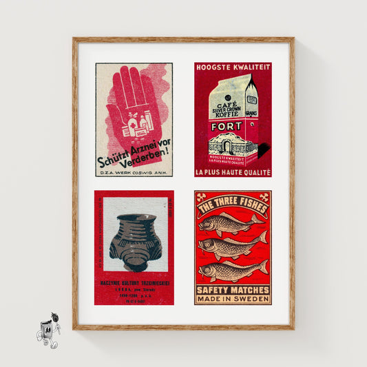 Red & Beiges Grid Print - vintage matchbox label print