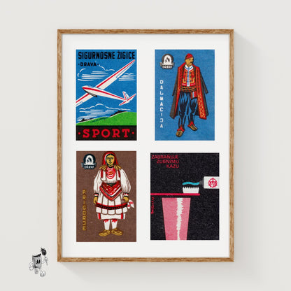 Red Croatians Grid Print - vintage matchbox label print