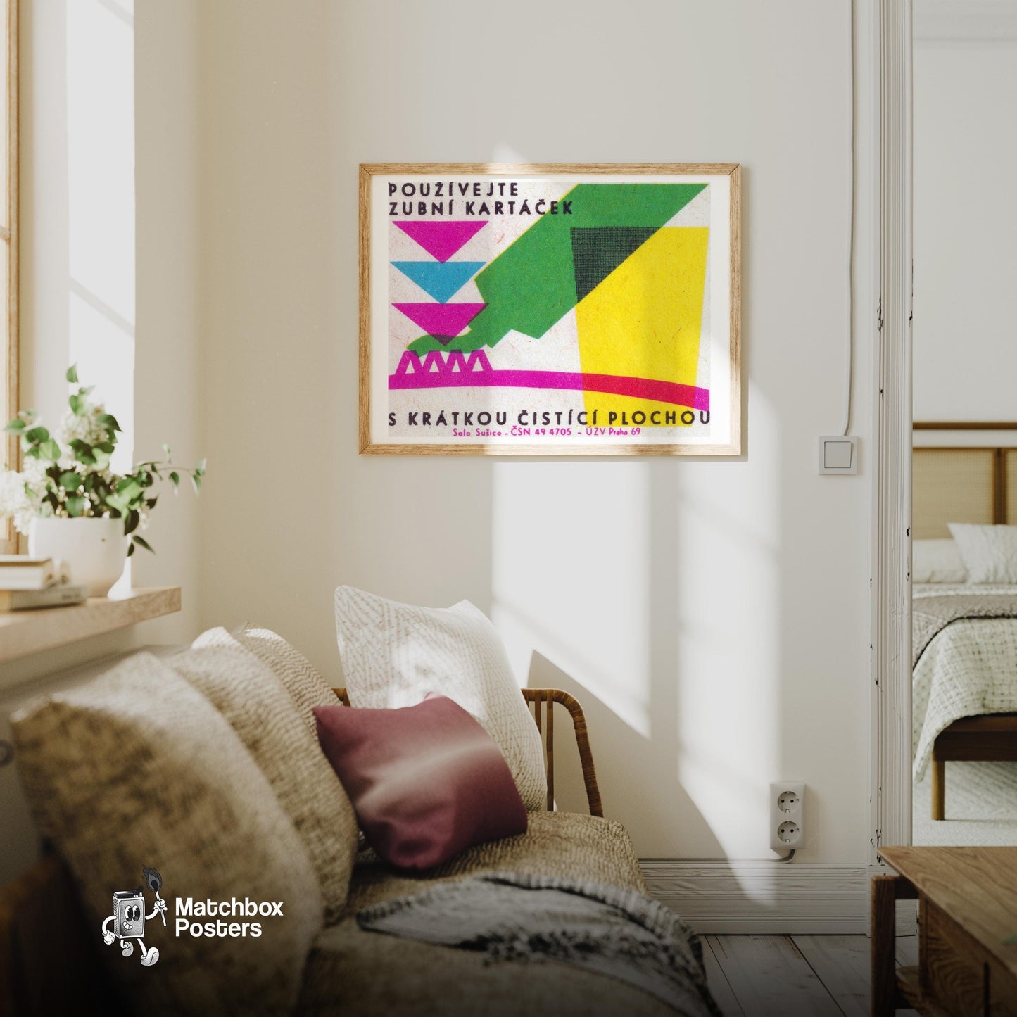 Geometric Shapes - vintage matchbox label print - living room mockup