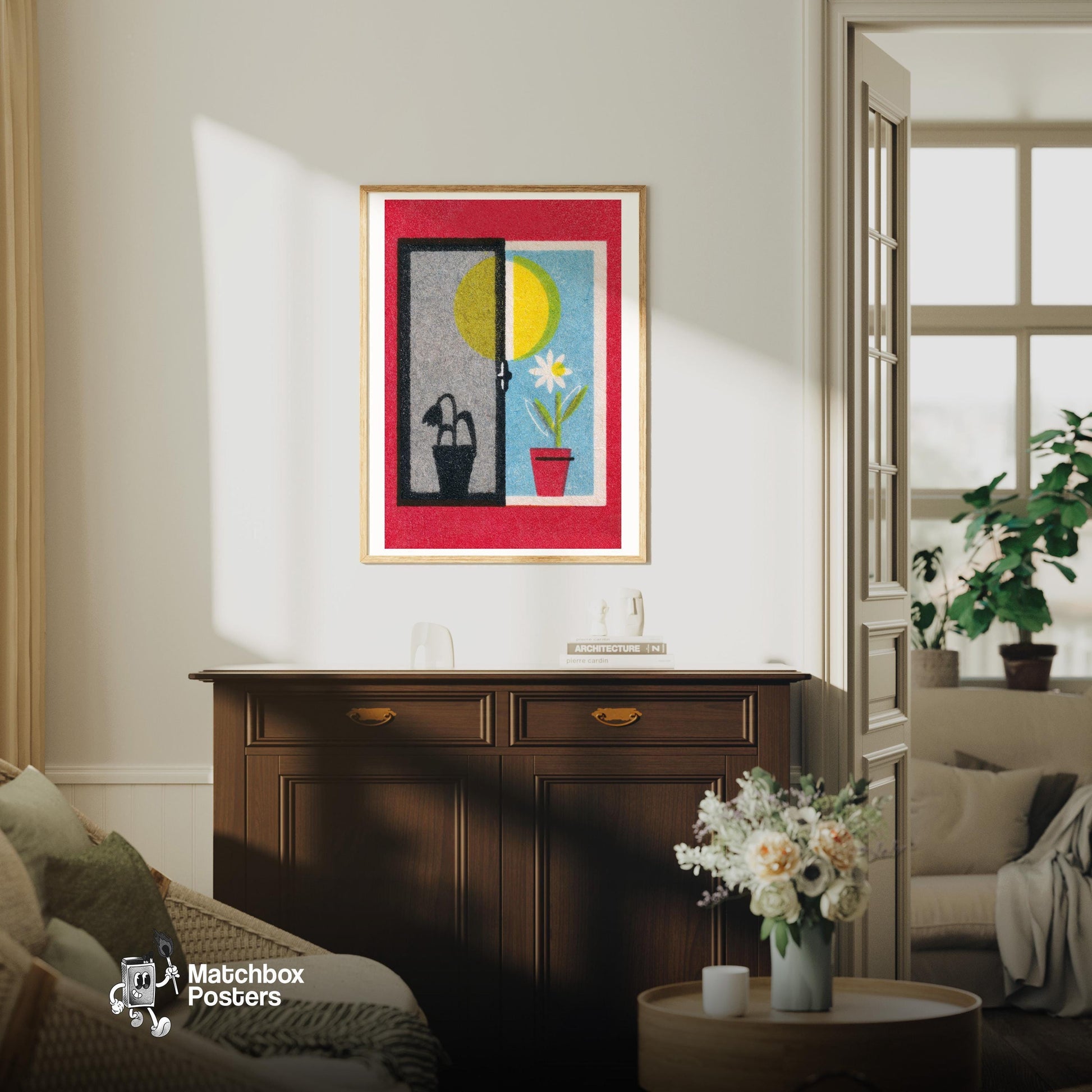 Two Flowers - vintage matchbox label print - living room mockup