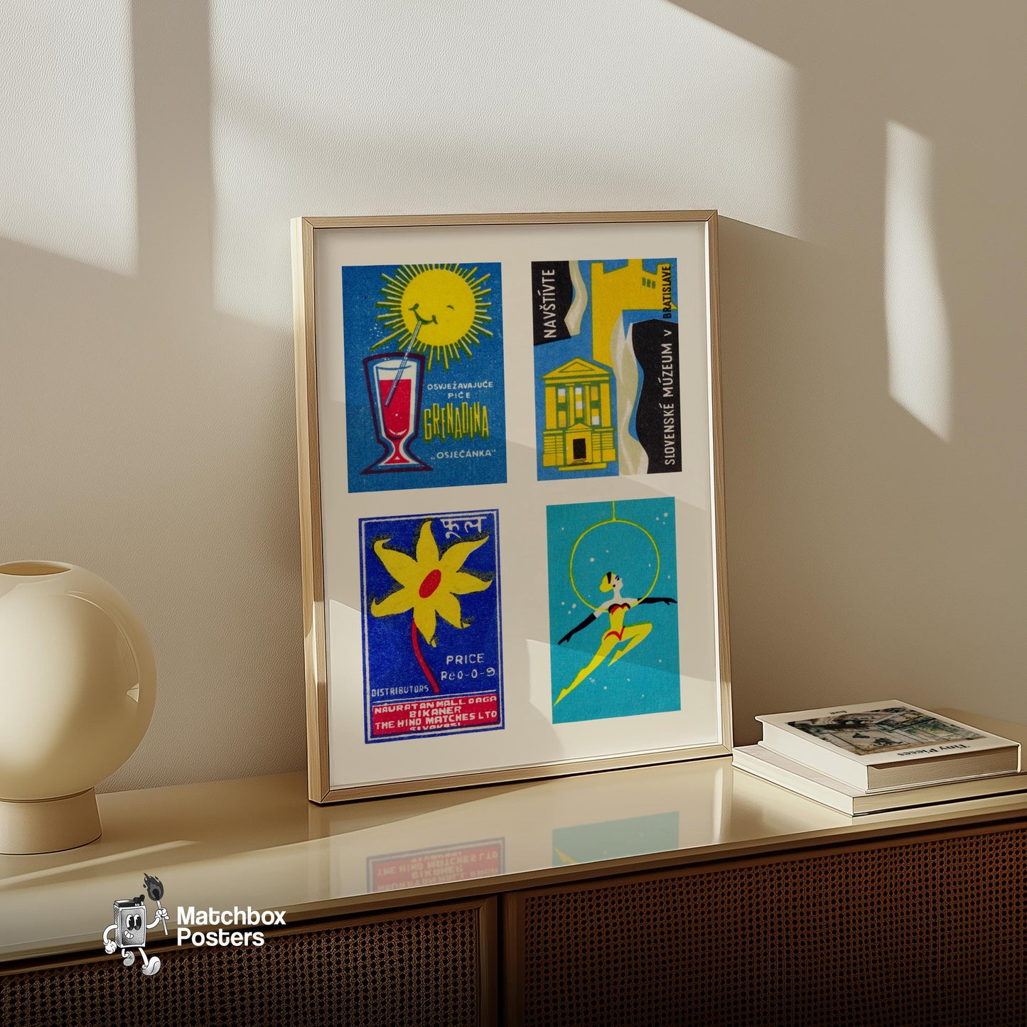 Four Vintages - vintage matchbox label print - bedroom mockup