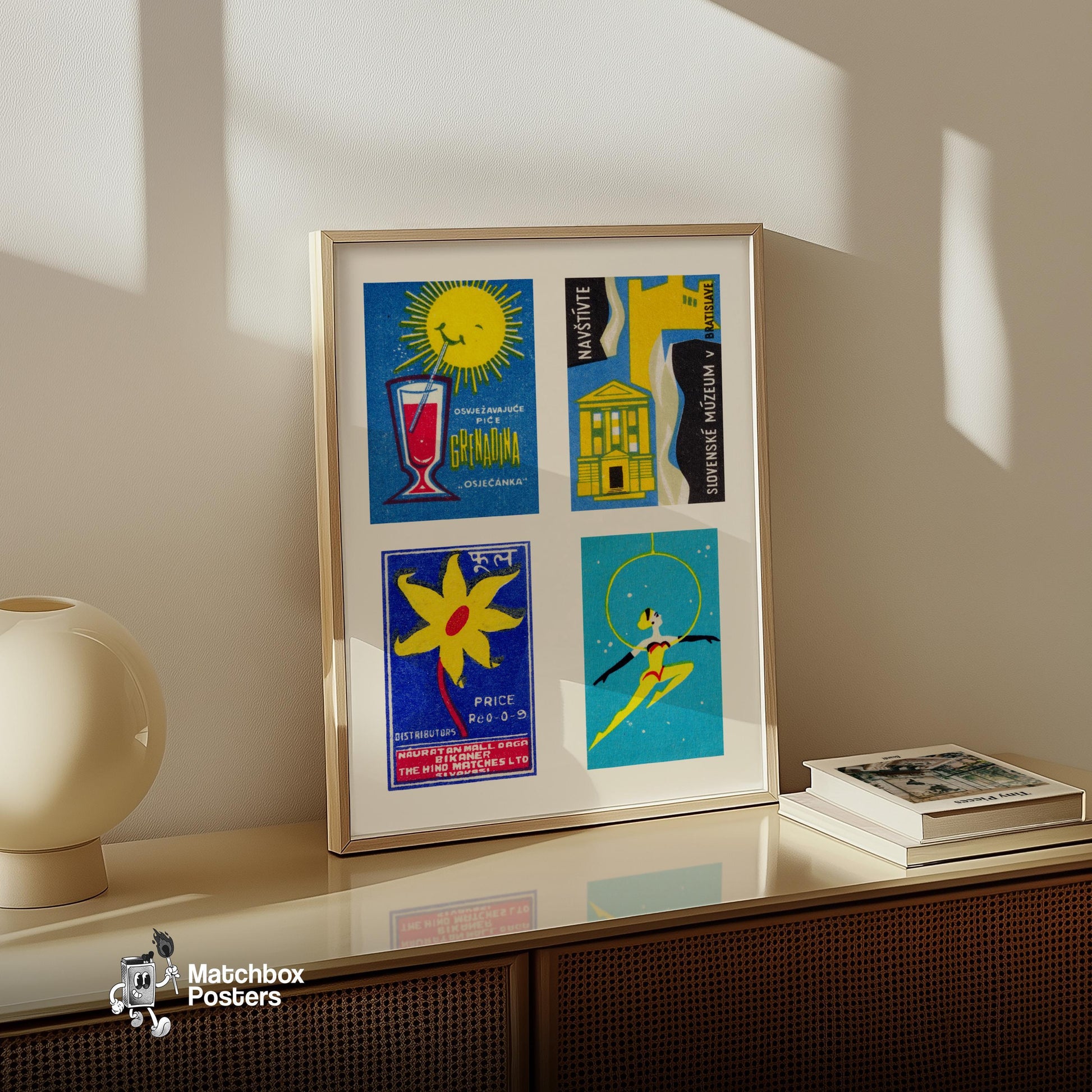 Four Vintages - vintage matchbox label print - bedroom mockup