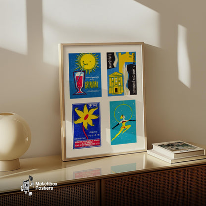 Four Vintages - vintage matchbox label print - bedroom mockup