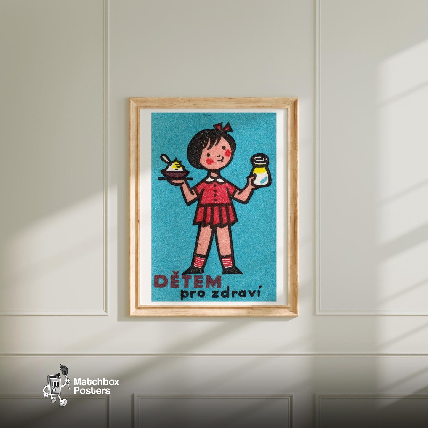 Girl with Yogurt - vintage matchbox label print - bedroom mockup