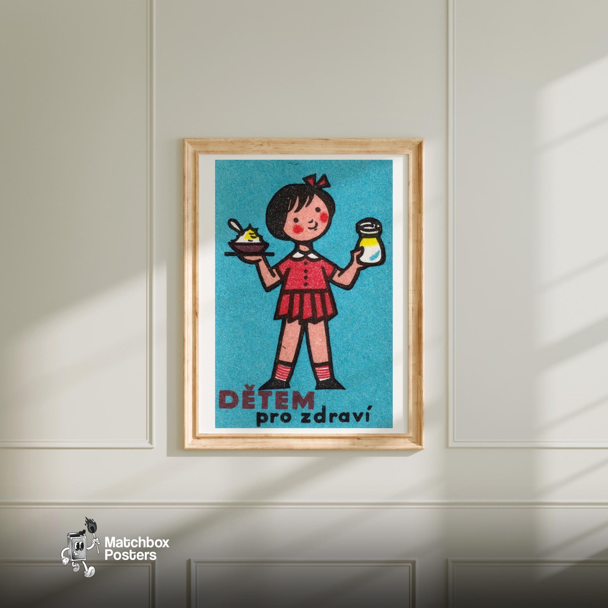 Girl with Yogurt - vintage matchbox label print - bedroom mockup