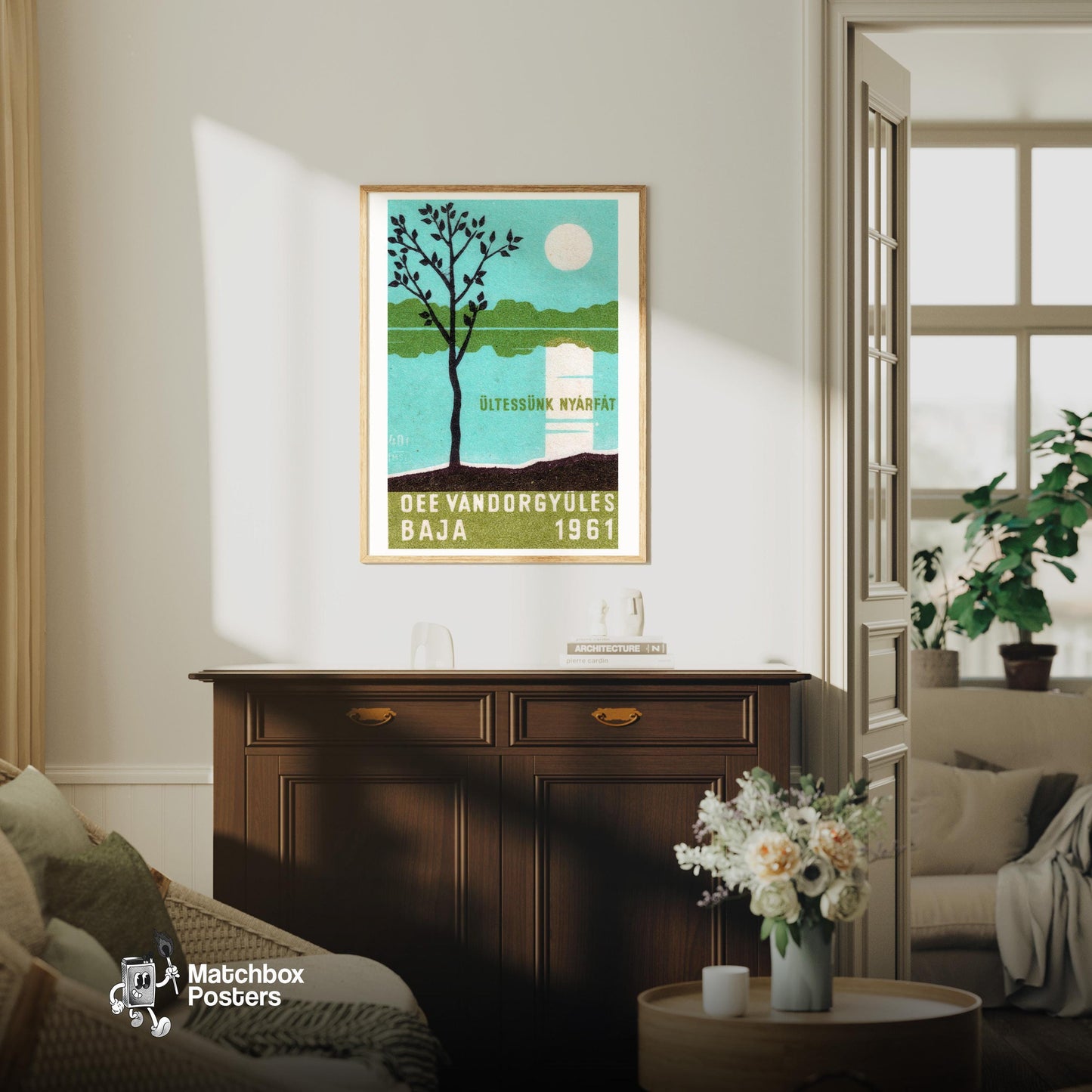 Poplar Trees - vintage matchbox label print - living room mockup