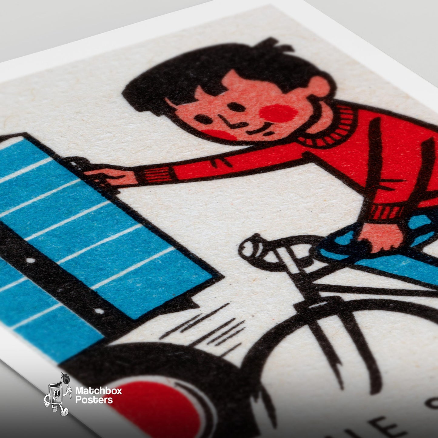Boy on Bicycle - vintage matchbox label print - close-up detail