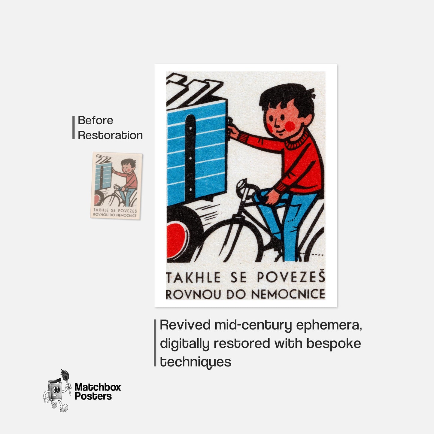 Boy on Bicycle - vintage matchbox label print - framed wall art preview