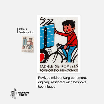 Boy on Bicycle - vintage matchbox label print - framed wall art preview