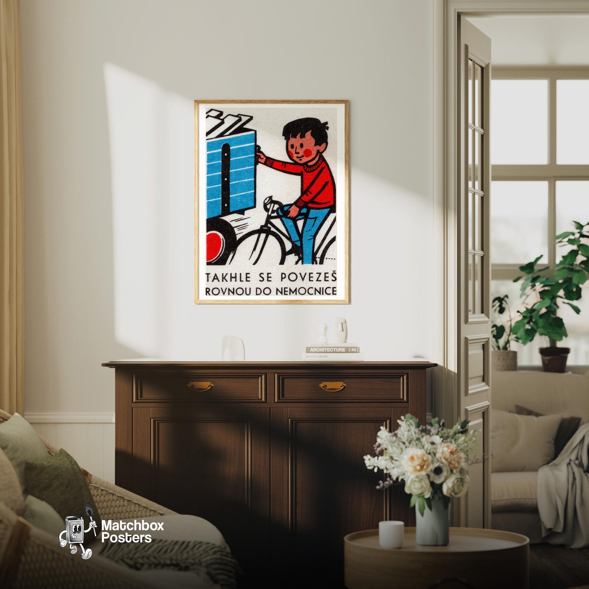 Boy on Bicycle - vintage matchbox label print - living room mockup