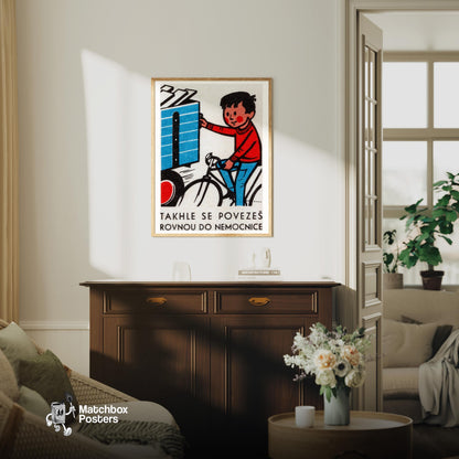 Boy on Bicycle - vintage matchbox label print - living room mockup
