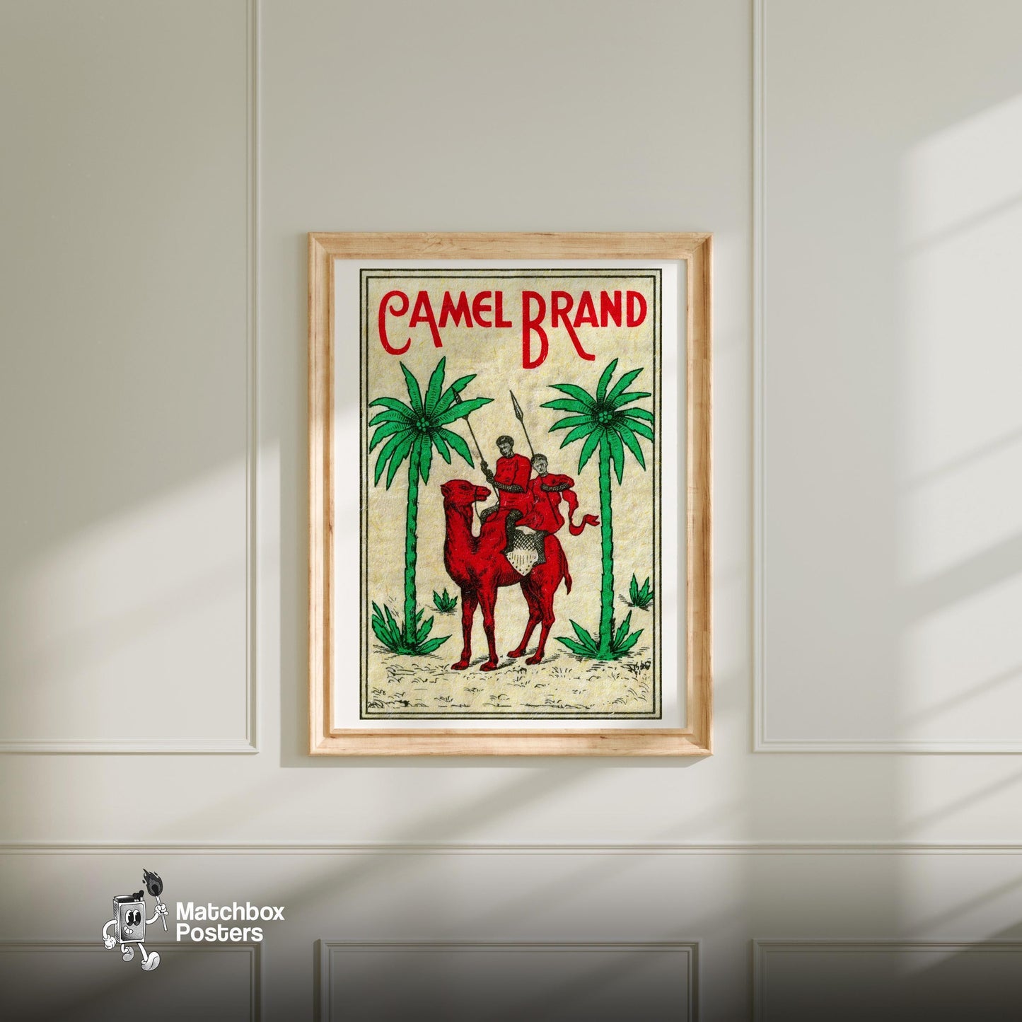 Red Camel - vintage matchbox label print - bedroom mockup