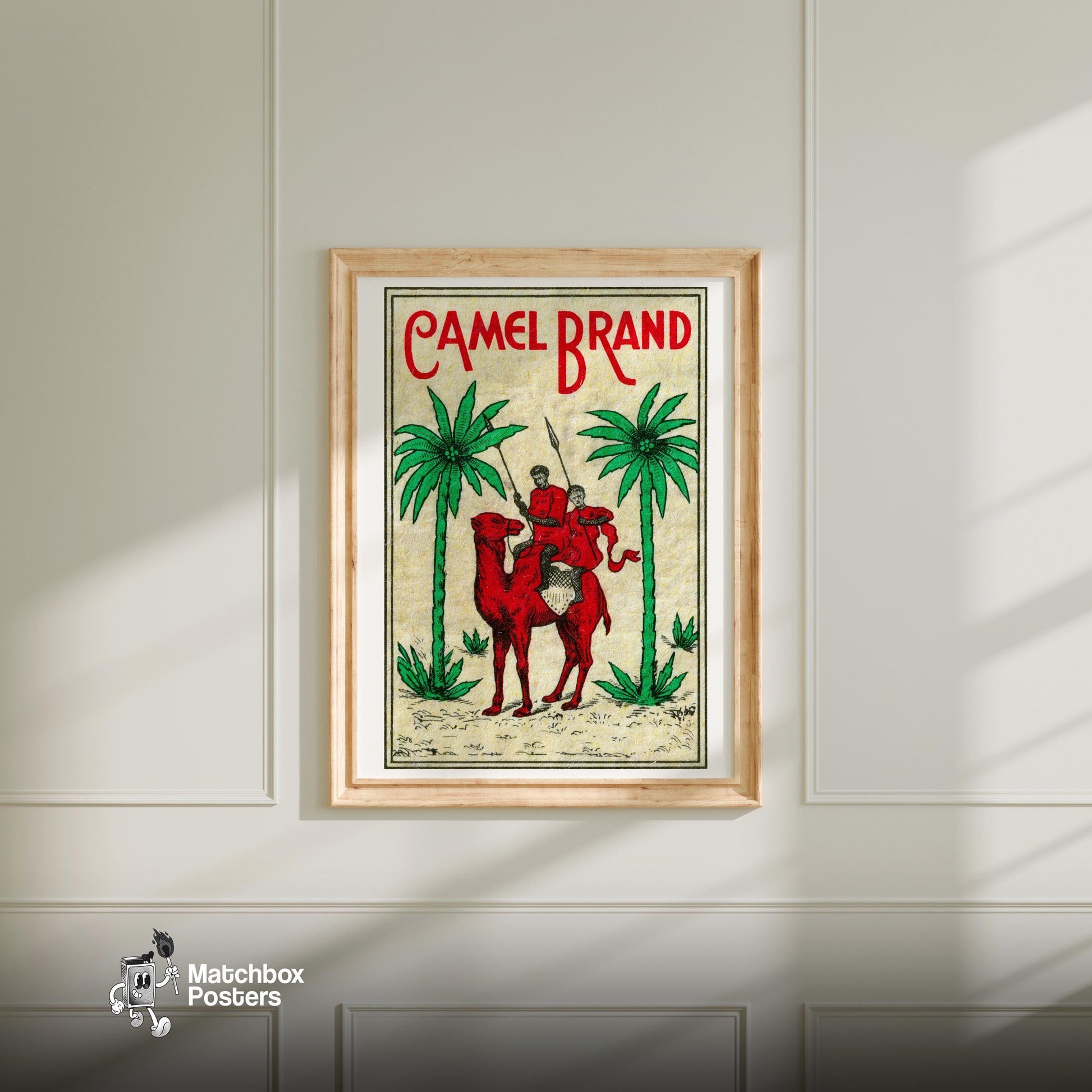 Red Camel - vintage matchbox label print - bedroom mockup