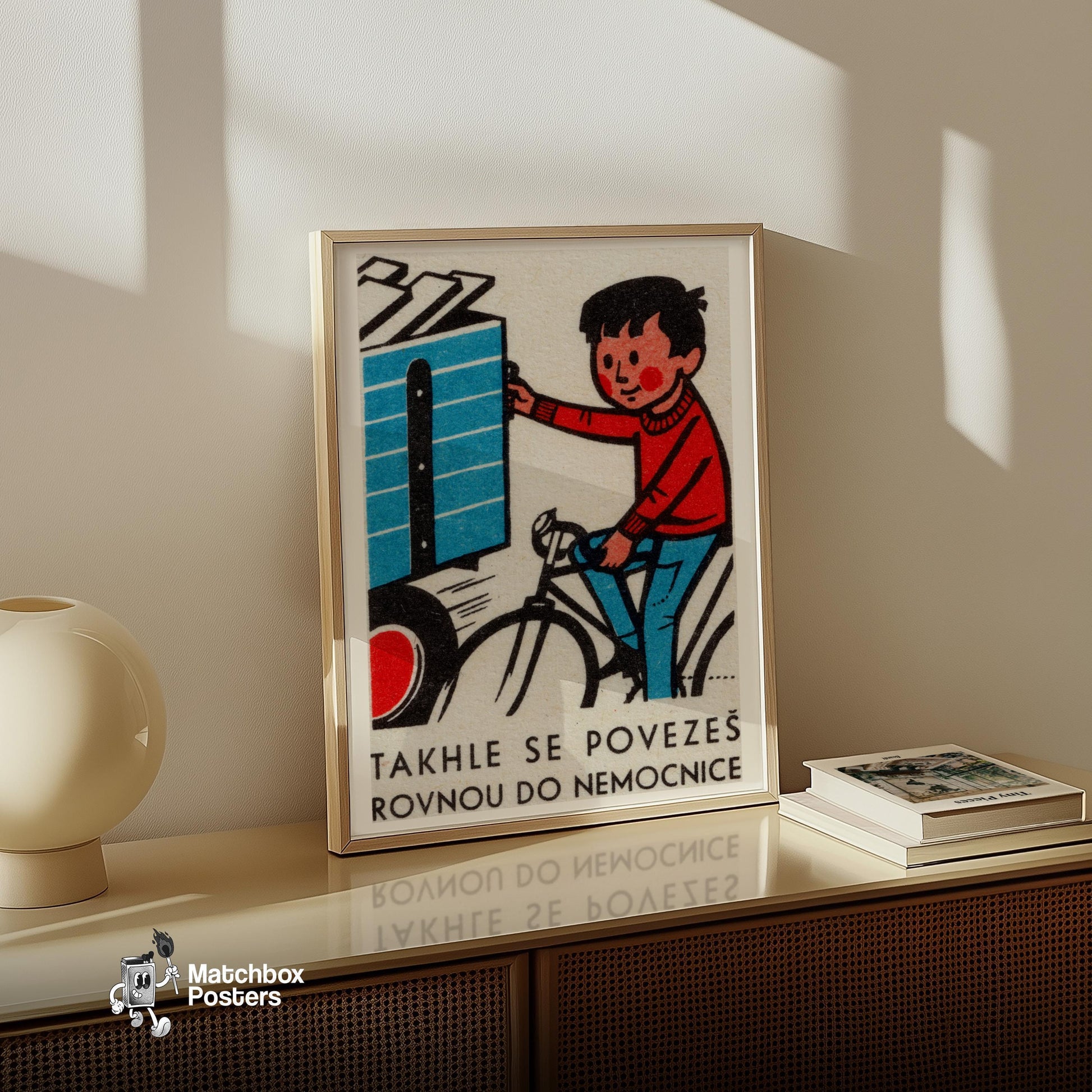 Boy on Bicycle - vintage matchbox label print - size comparison