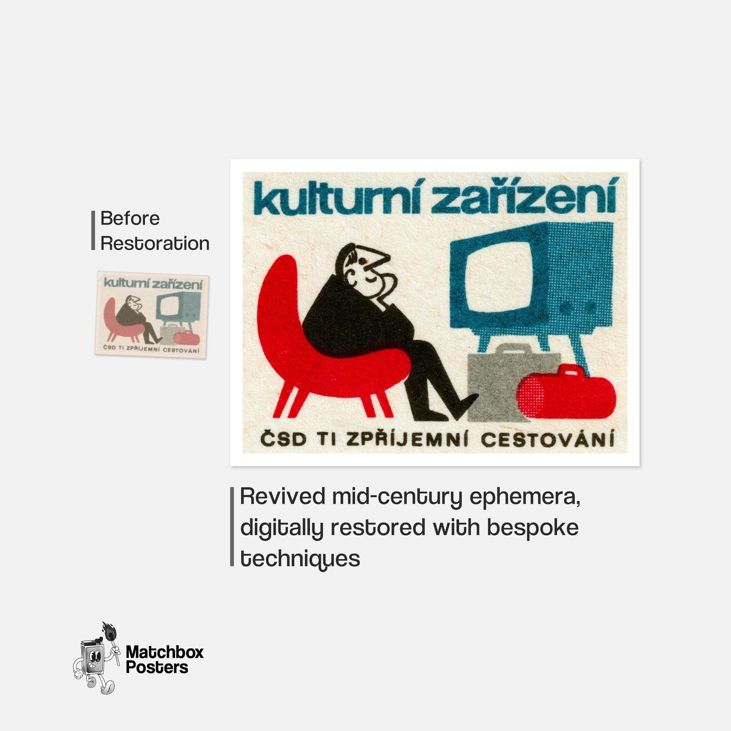Person Watching TV - vintage matchbox label print - framed wall art preview