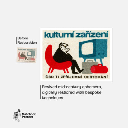 Person Watching TV - vintage matchbox label print - framed wall art preview