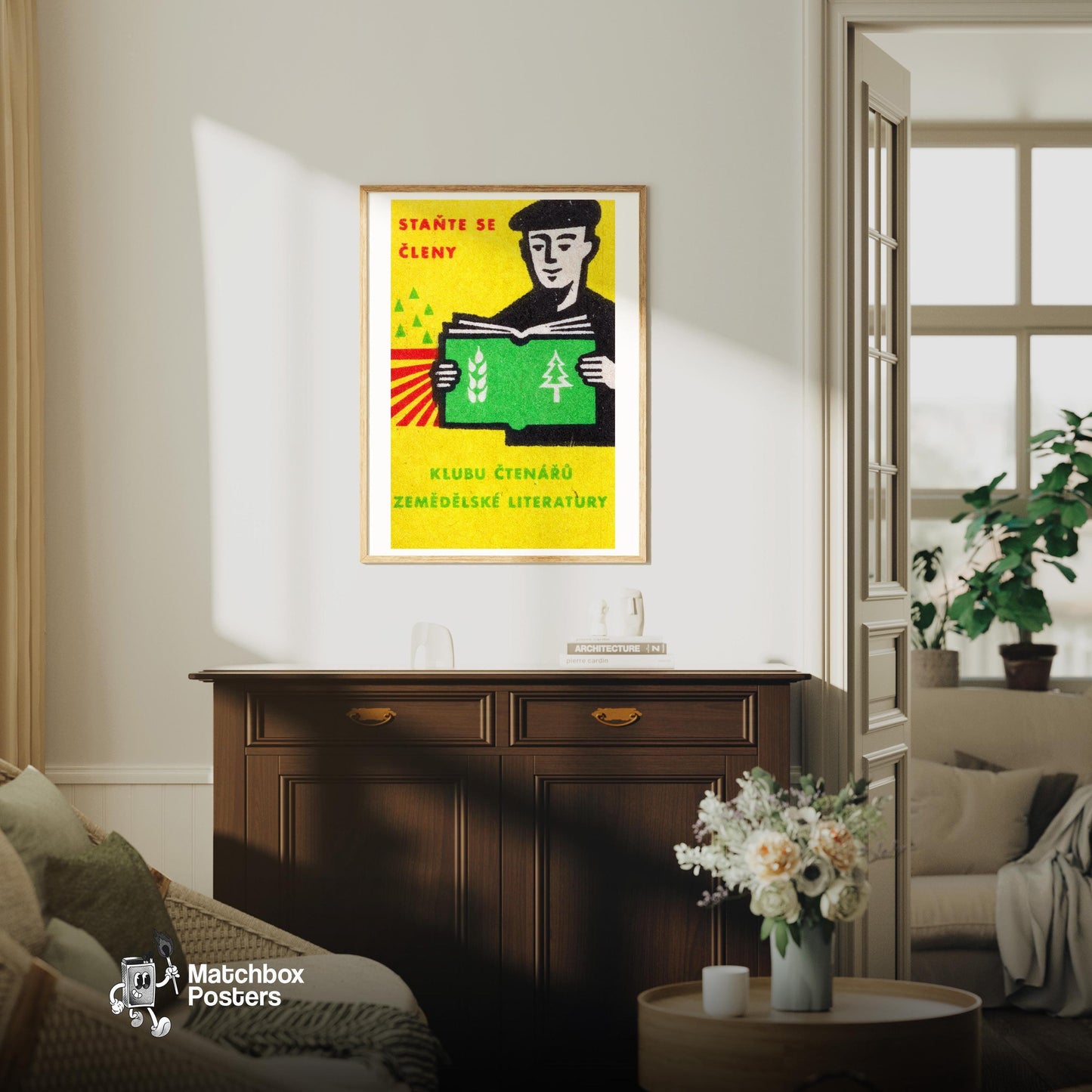 Man Reading Book - vintage matchbox label print - living room mockup