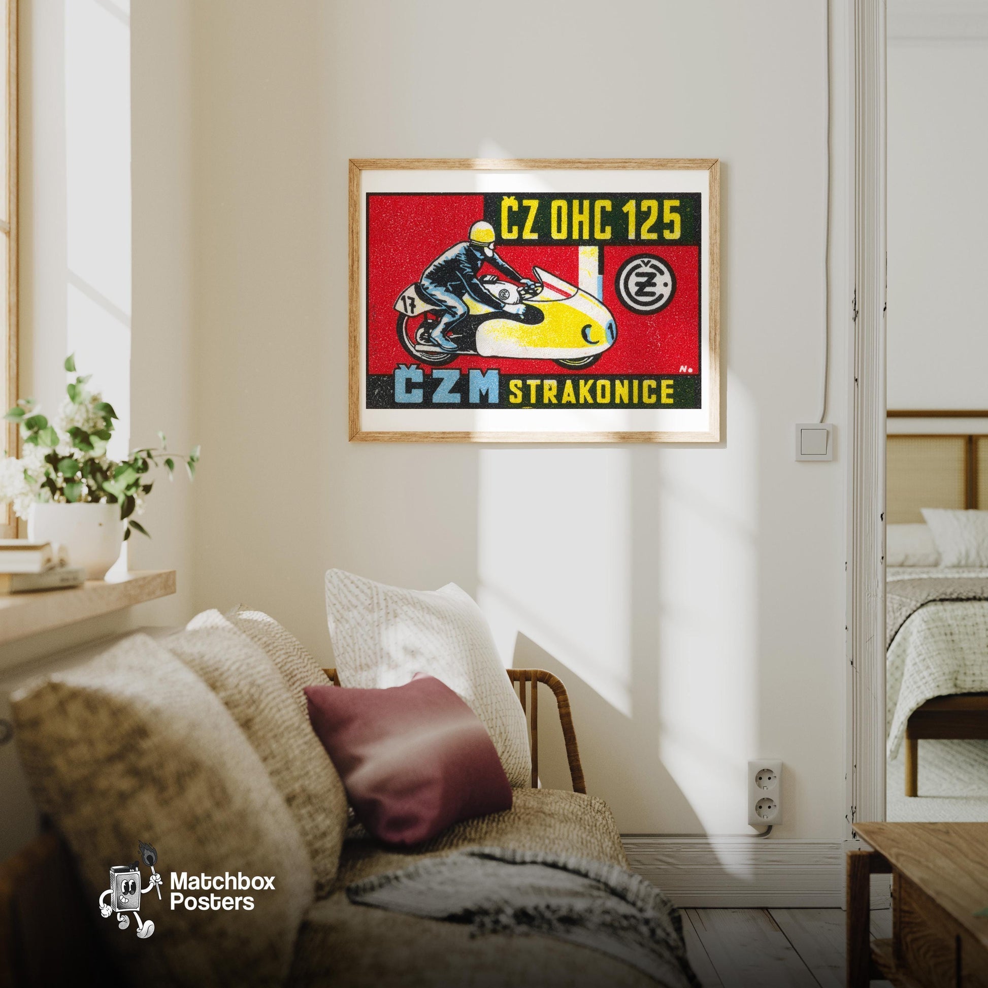 Motorcycle Racer - vintage matchbox label print - living room mockup