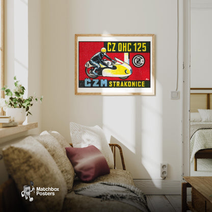 Motorcycle Racer - vintage matchbox label print - living room mockup