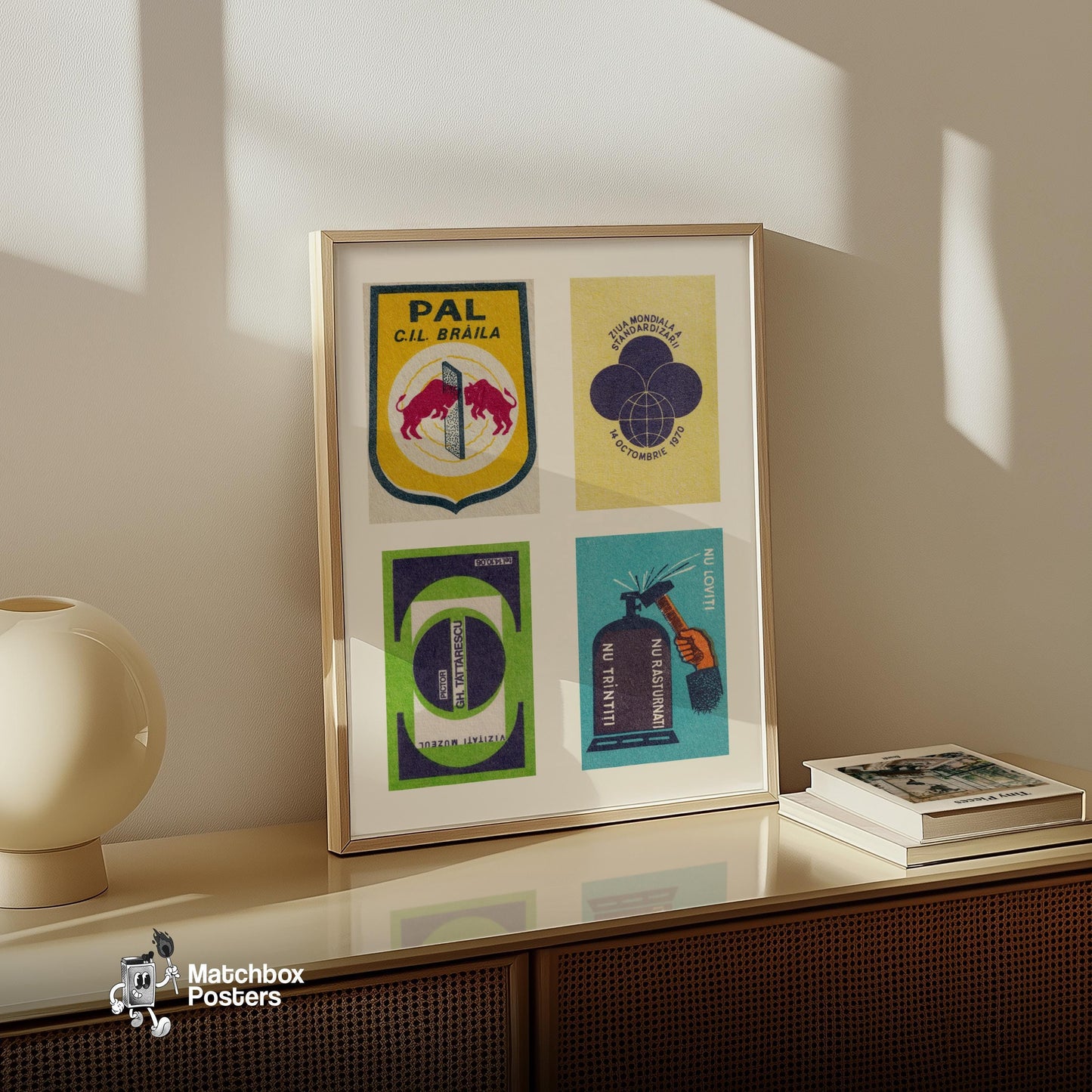 Dark Blue Romanians Grid Print - vintage matchbox label print - bedroom mockup