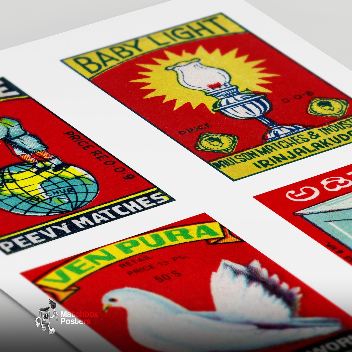 Red Indians Grid Print - vintage matchbox label print - close-up detail