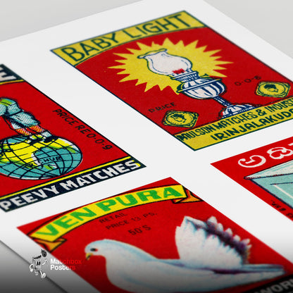 Red Indians Grid Print - vintage matchbox label print - close-up detail